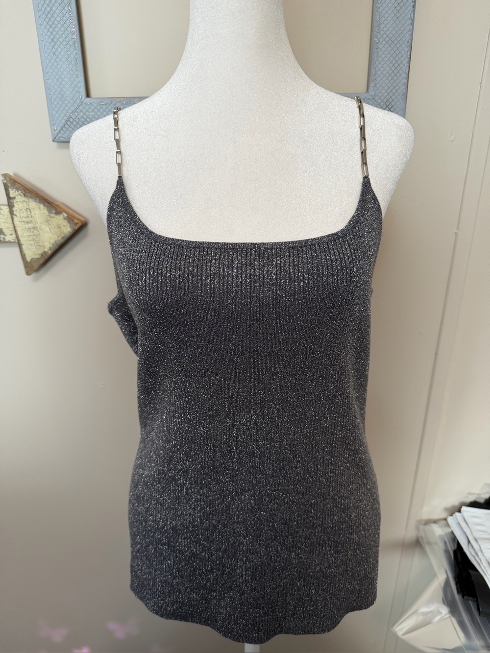 Spenser Evening Metallic Silver Ribbed Knit Silk-Blend Cami Top XL